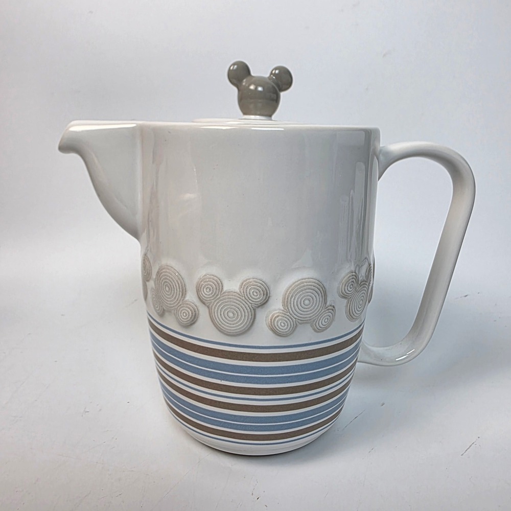 Disney Parks Mickey Mouse Ceramic Teapot White Striped Raised Icon Lid